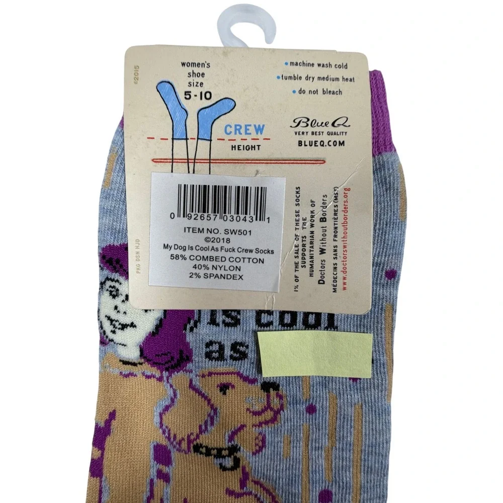 New‎ Blue Q My Dog Is Cool As **** Crew Socks Women 5-10 Grey Purple  Dog Lover
